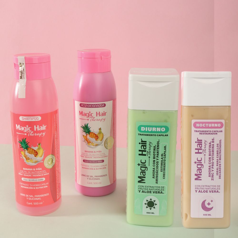 Magic Hair Kit Anticaida Cabello Seco Shampoo y acondicionador banana y pina reparacion y nutricion + tratamiento capilar diurno + tratamiento capilar nocturno  (4 pack)